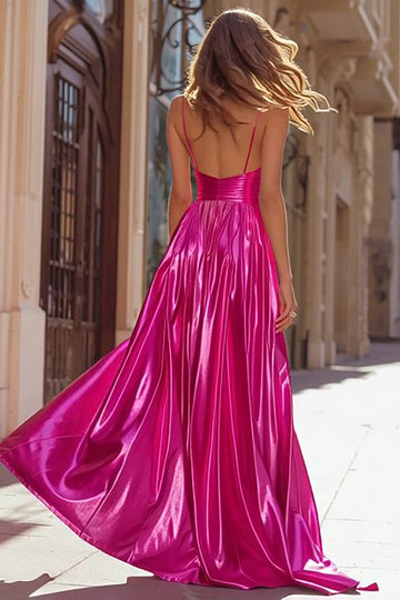 Fuchsia A Line Spaghetti Straps Pleated Prom Dress with Slit